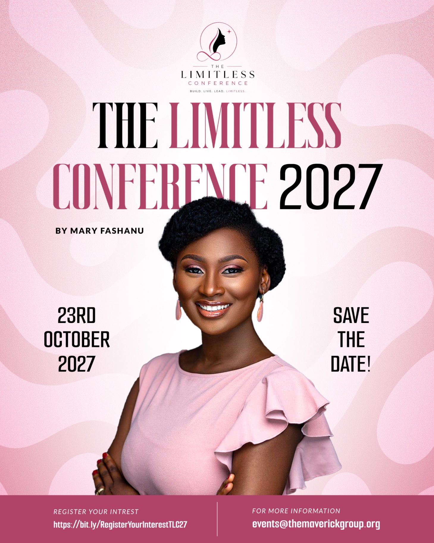 Save the date poster for The Limitless Conference 2027 by Mary Fashanu, 23rd October 2027